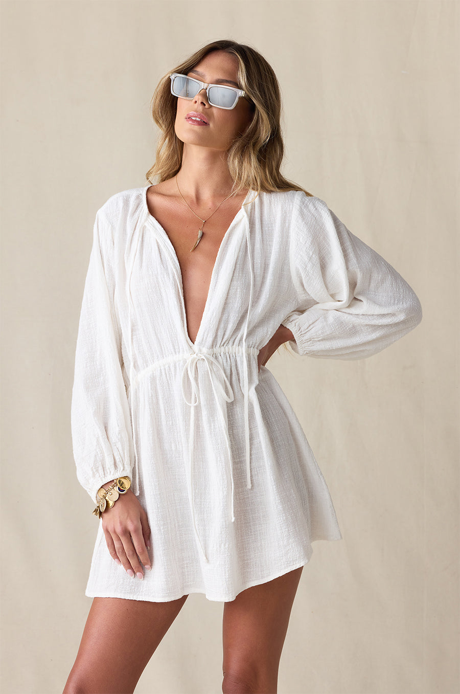 CINCHED MINI DRESS IN WHITE GAUZE - the lady & the sailor