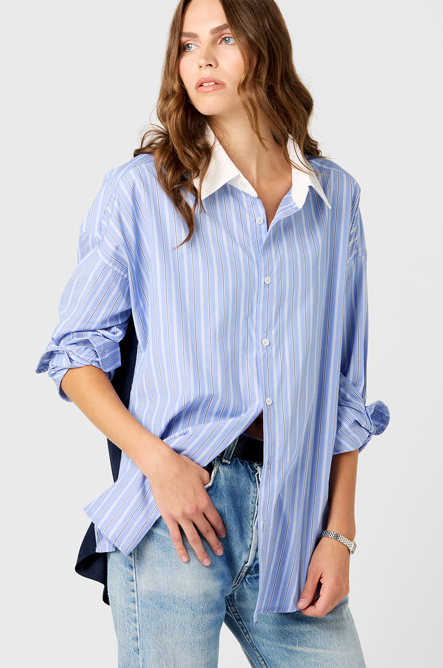 Colorblocked Sunday Shirt | Navy/Blue Stripe | the lady & the sailor 1