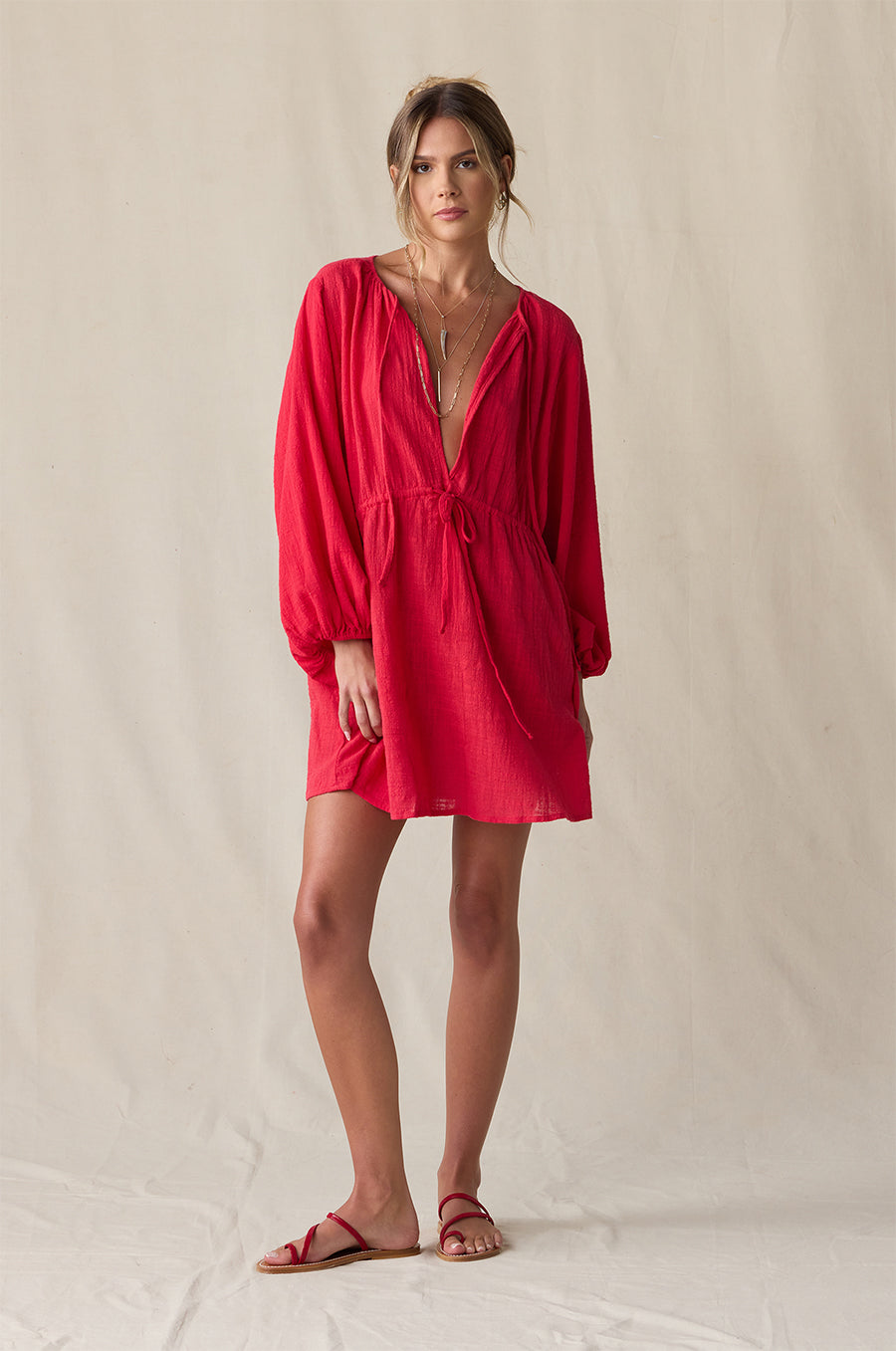white christmas dresses Vintage Red Linen Cotton Maxi Dress – Square Neck Long Sleeve Burgundy / M main image 0