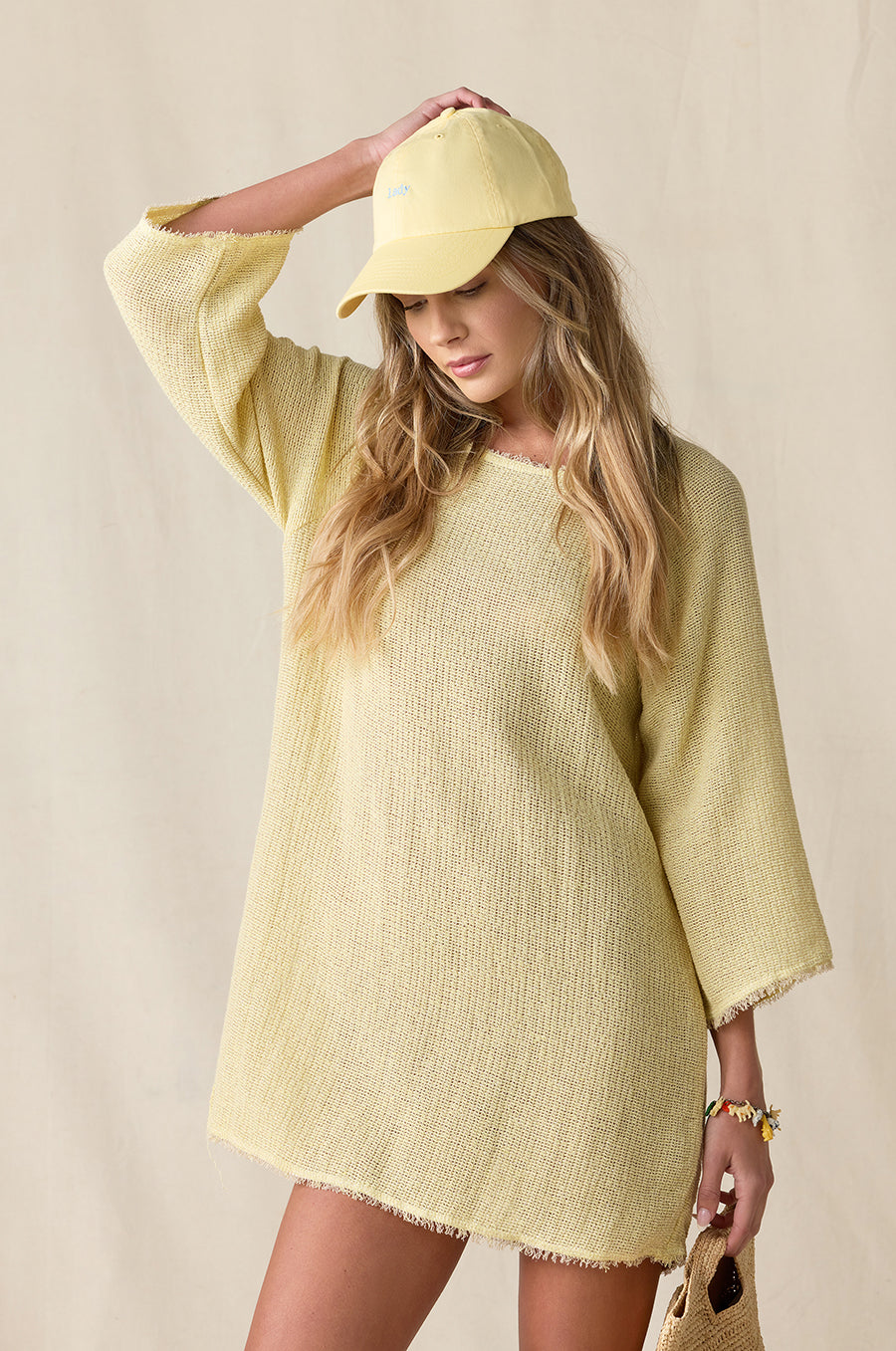RIVIERA KNIT MINI DRESS IN SOLEIL STYLED WITH THE LADY CLASSIC CAP IN BUTTER/POWDER- the lady & the sailor