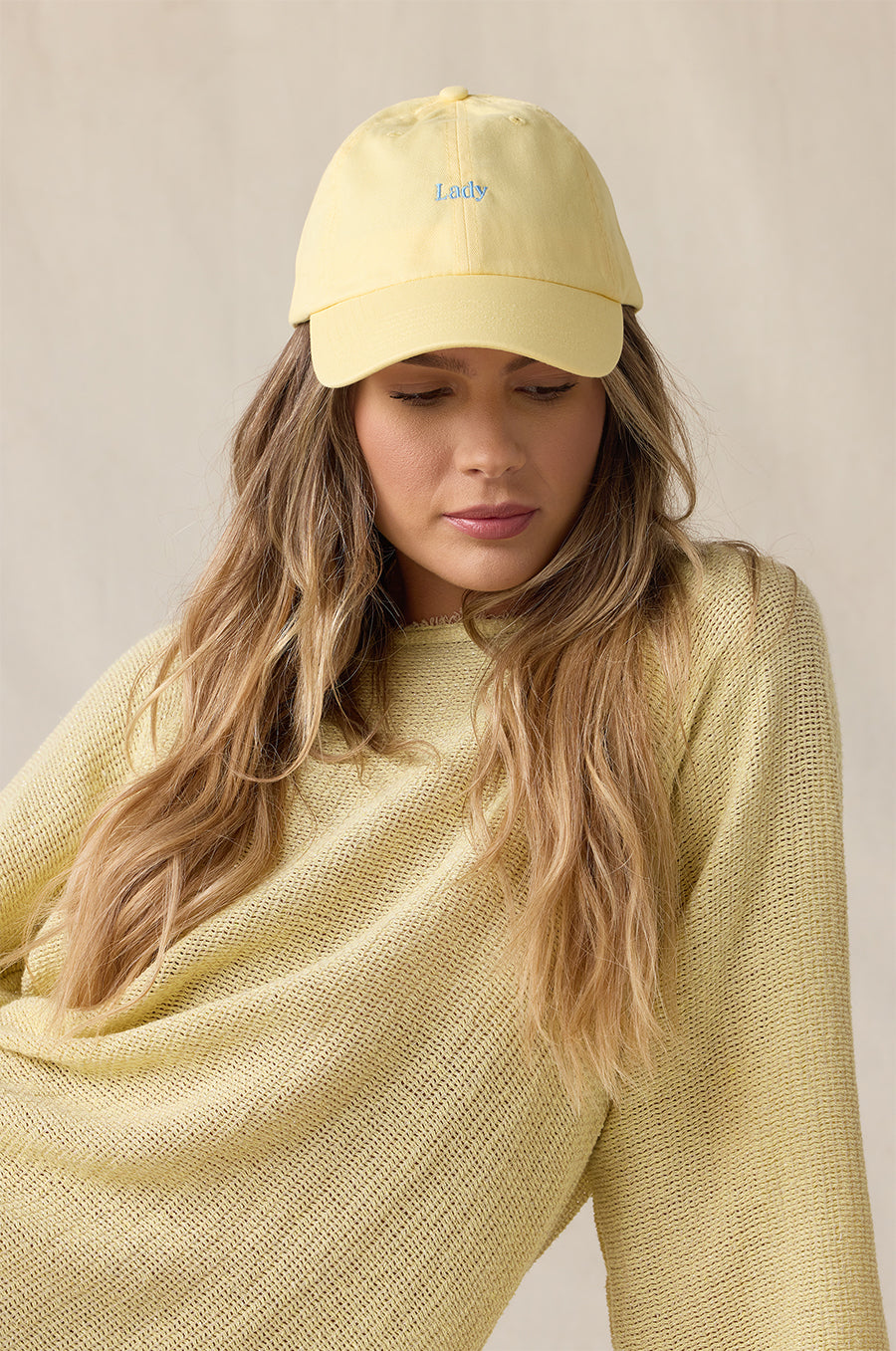 RIVIERA KNIT MINI DRESS IN SOLEIL STYLED WITH THE LADY CLASSIC CAP IN BUTTER/POWDER- the lady & the sailor