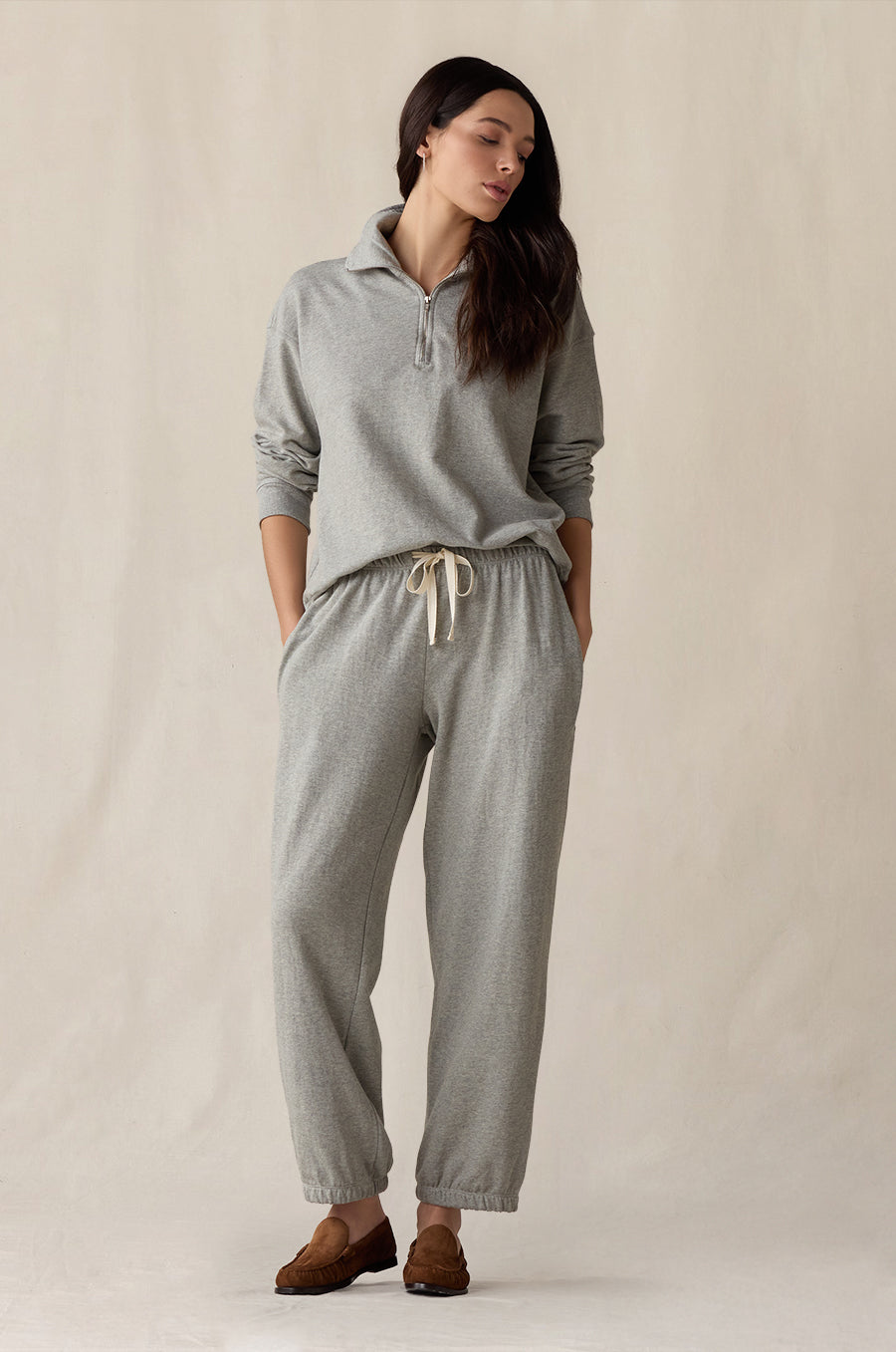 Quarter Zip Sweatshirt and Relaxed Pocket Sweatpant in heather grey terry - the lady & the sailor