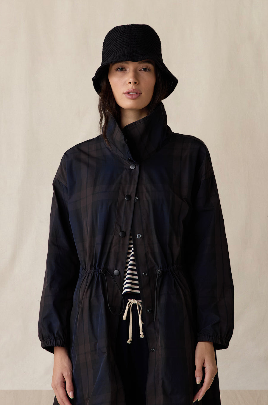 Anorak Jacket in midnight tartan styled with the French Flare Pant in navy, Shrunken BF Tee in stripe and Knit Chapeau in black - the lady & the sailor