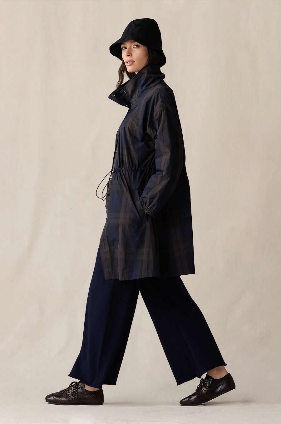 Anorak Jacket in midnight tartan styled with the French Flare Pant in navy, and Knit Chapeau in black - the lady & the sailor