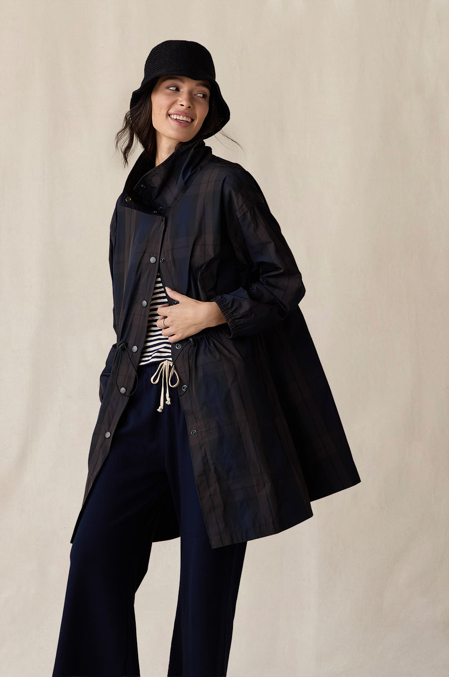 Anorak Jacket in midnight tartan styled with the French Flare Pant in navy, Shrunken BF Tee in stripe and Knit Chapeau in black - the lady & the sailor