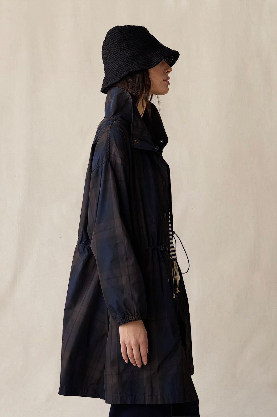 Knit Chapeau in black styled with the Anorak Jacket in midnight tartan, French Flare Pant in navy, and Shrunken BF Tee in stripe - the lady & the sailor