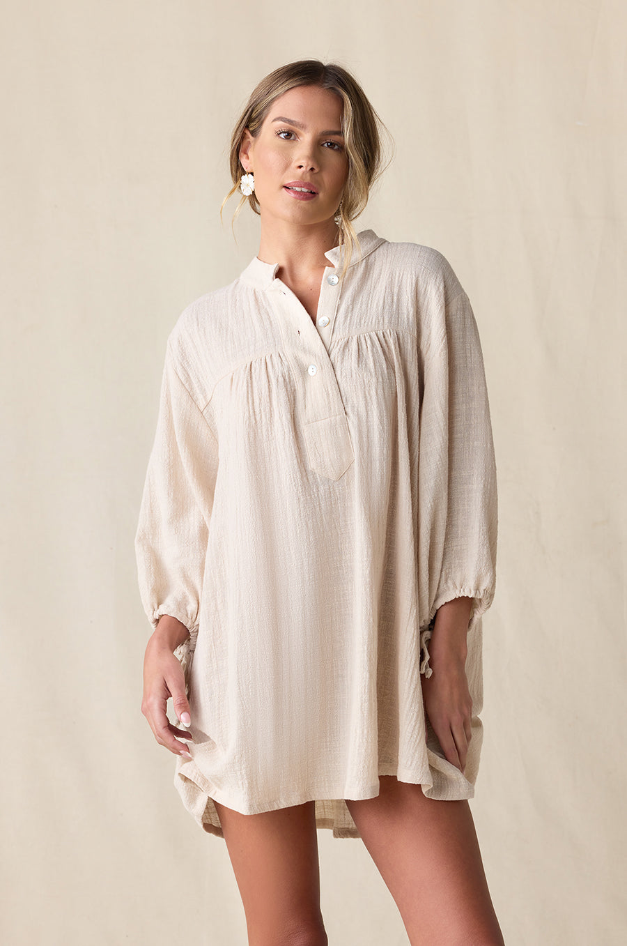 BILLOW SLEEVE MINI DRESS IN BONE GAUZE - the lady & the sailor