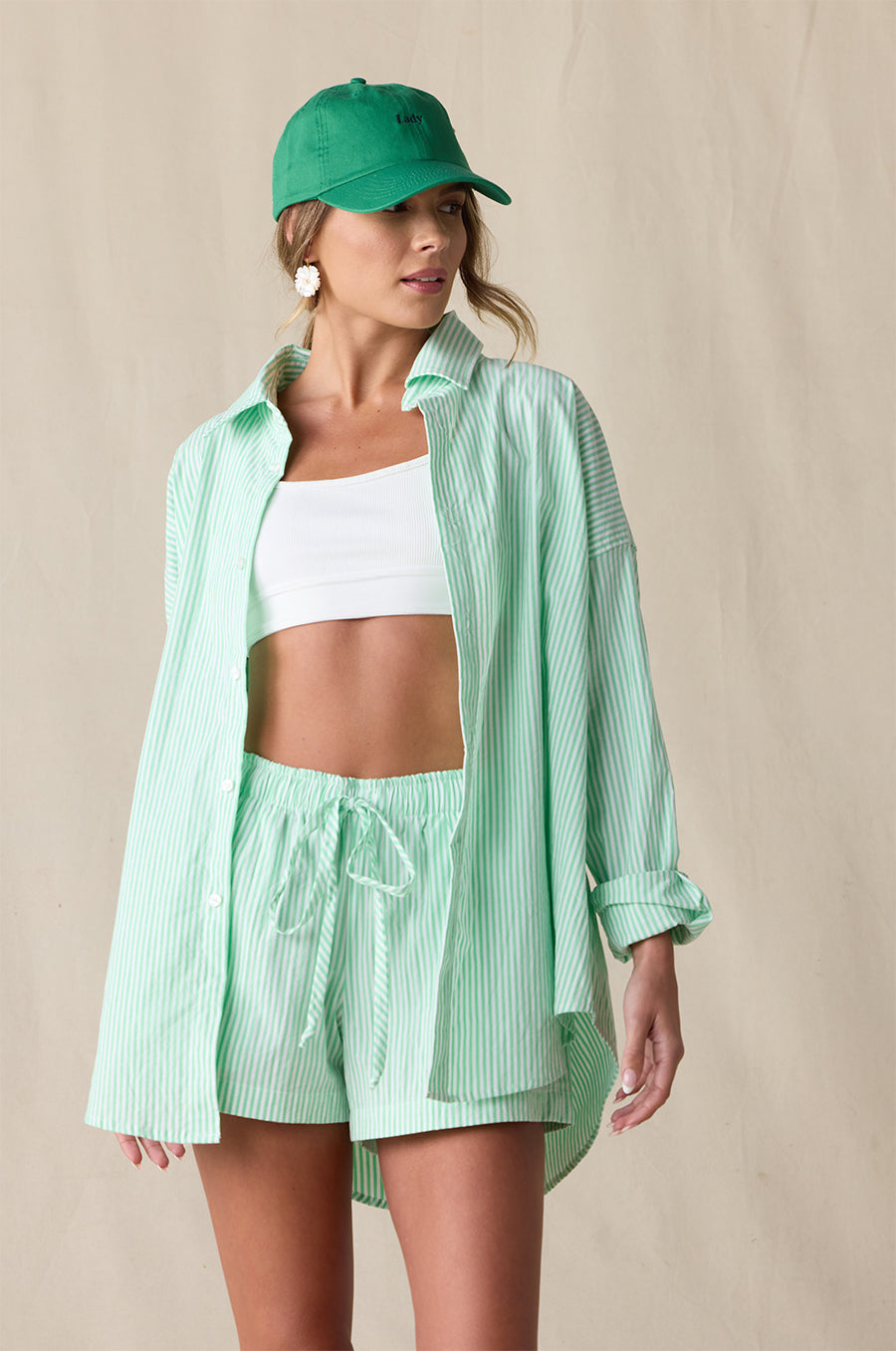 FLUTTER SHORT IN SPEARMINT STRIPE POPLIN STYLED WITH THE SUNDAY SHIRT IN SPEARMINT STRIPE POPLIN - the lady & the sailor