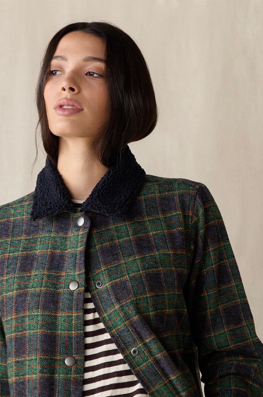 Plaid Pocket Jacket in forest green styled with the Relaxed L/S Tee in cocoa stripe - the lady & the sailor