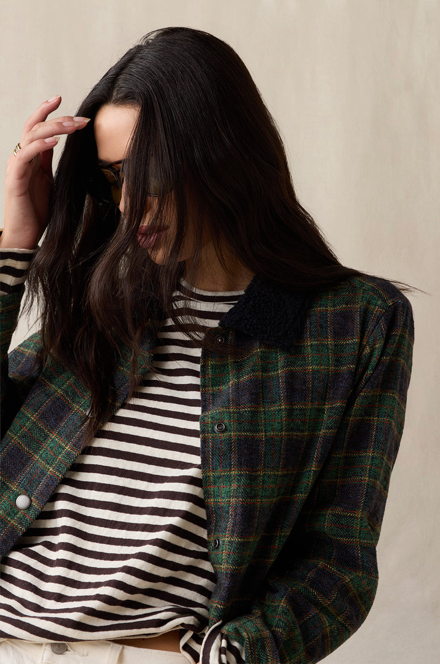 Plaid Pocket Jacket in forest green styled with the Relaxed L/S Tee in cocoa stripe - the lady & the sailor