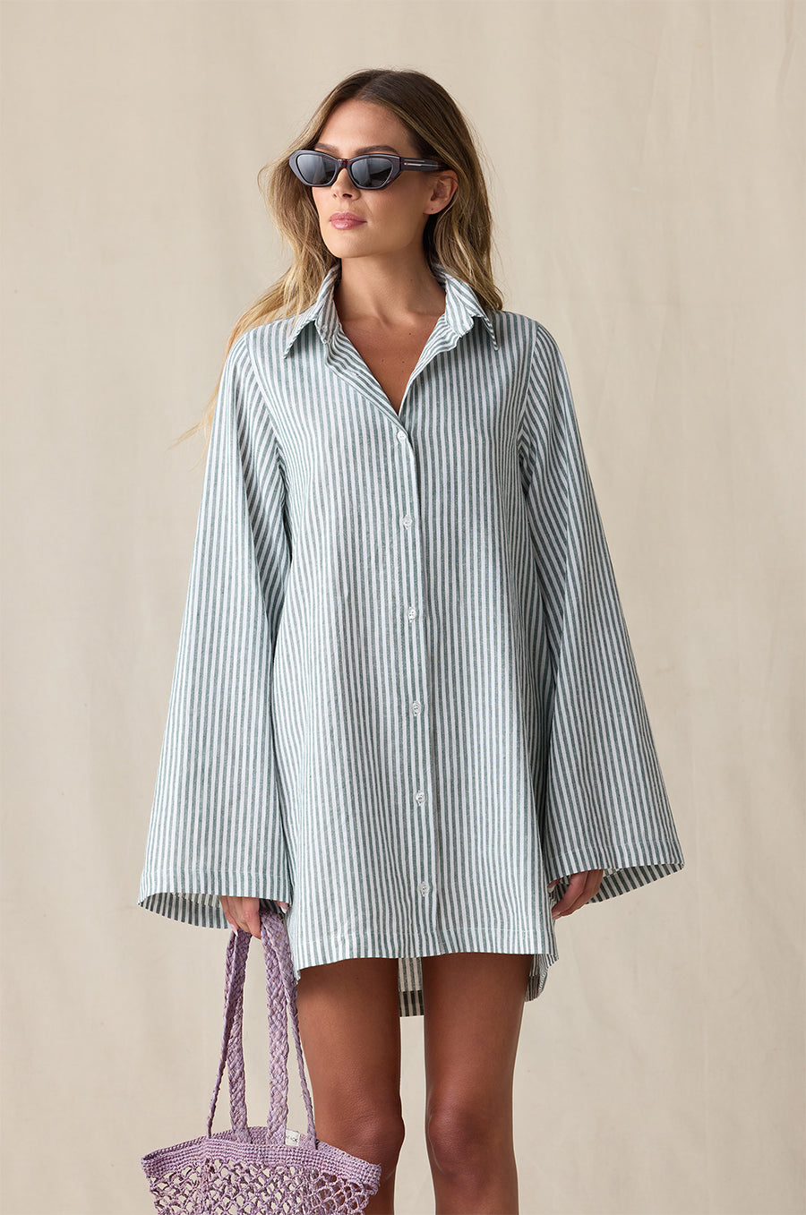 open lace back dress Pleated Mini Shirt Dress | Green Stripe