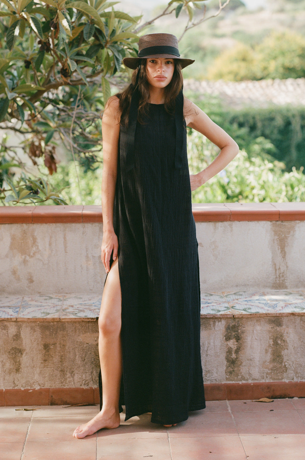 bateau maxi dress in black plaid gauze - the lady & the sailor