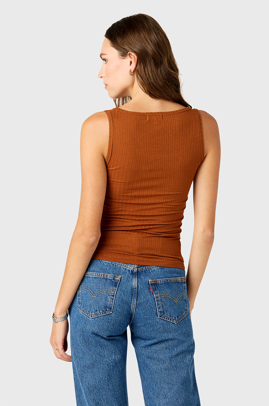 Model wearing the lady & the sailor's Pointelle Tank in Bronze.