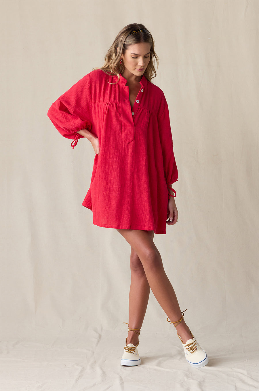 BILLOW SLEEVE MINI DRESS IN RED GAUZE - the lady & the sailor