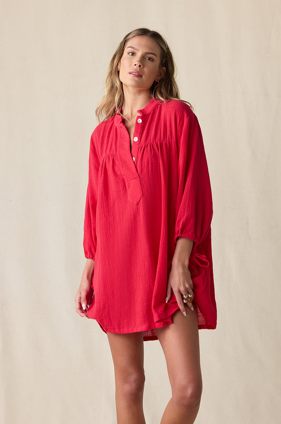 red gauze dress Gathered Crinkle Cotton Gauze Dress