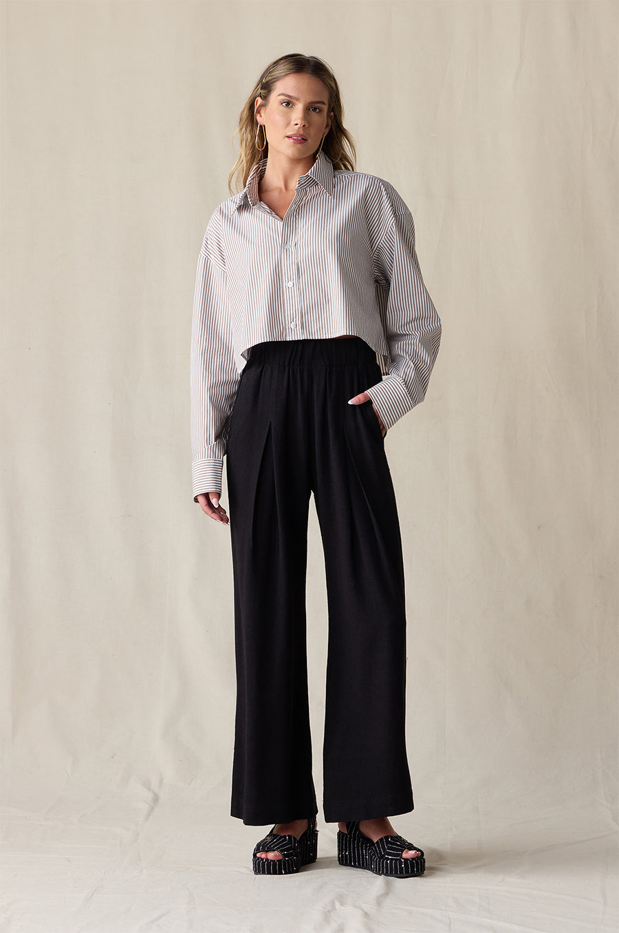 open lace back dress High-Rise Wide-Leg Pleated Dress Pants for Tall Women in Black - main image 0