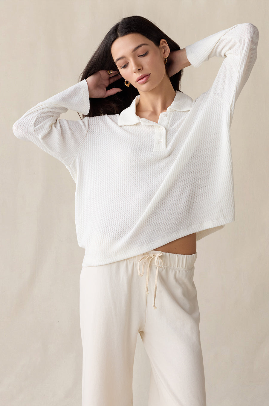 French Flare Pant in vanilla styled with the Relaxed Polo in ivory knit waffle - the lady & the sailor