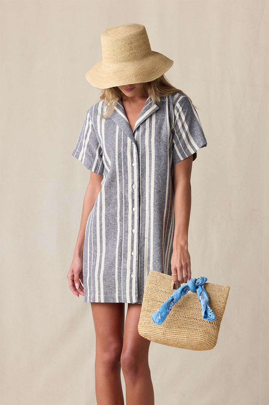 CROCHET BUCKET HAT IN NATURAL STYLED WITH THE BUTTON UP MINI DRESS IN NAUTICAL STRIPE AND THE NAOMI BAG IN NATURAL - the lady & the sailor