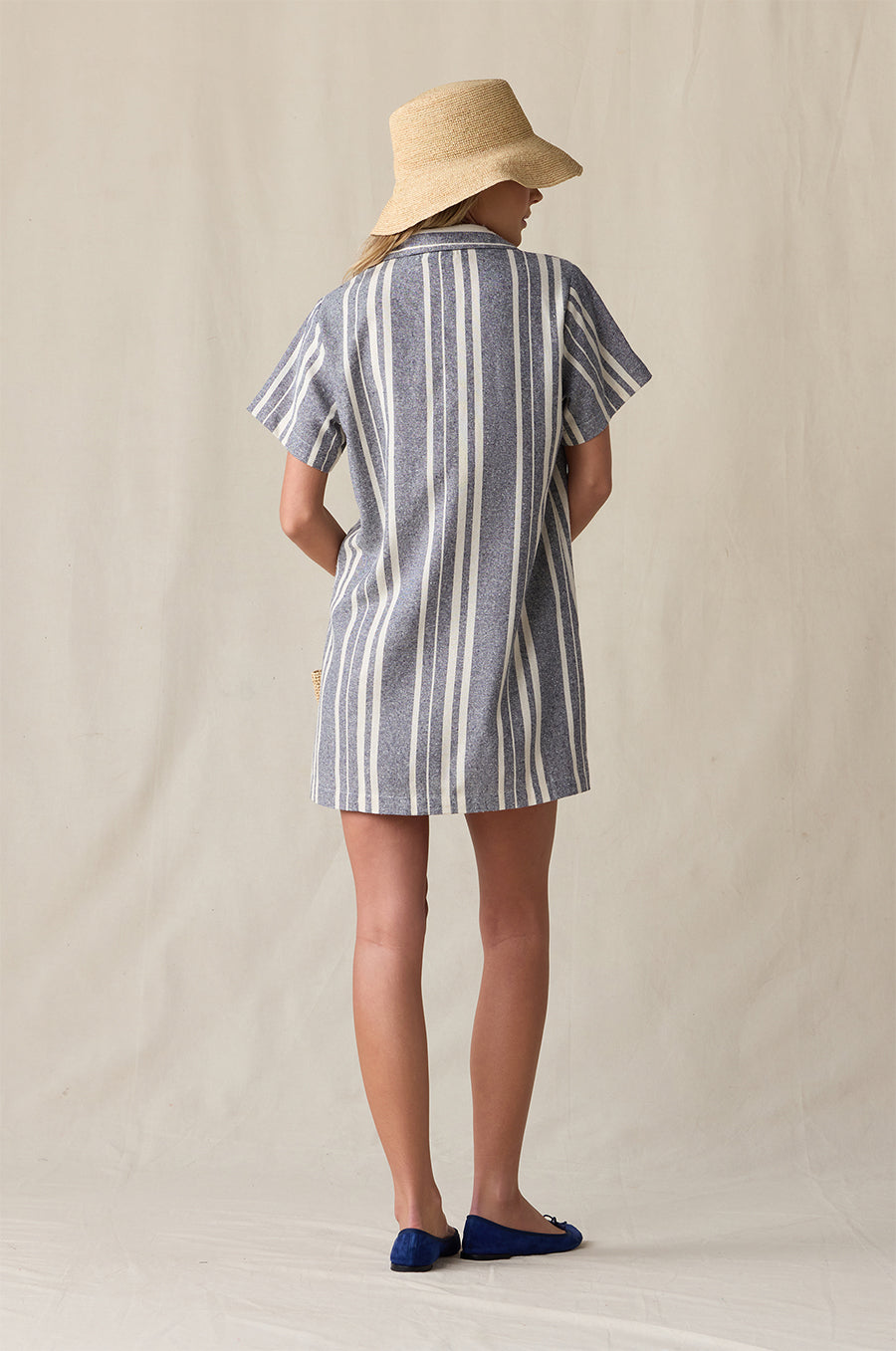CROCHET BUCKET HAT IN NATURAL STYLED WITH THE BUTTON UP MINI DRESS IN NAUTICAL STRIPE - the lady & the sailor