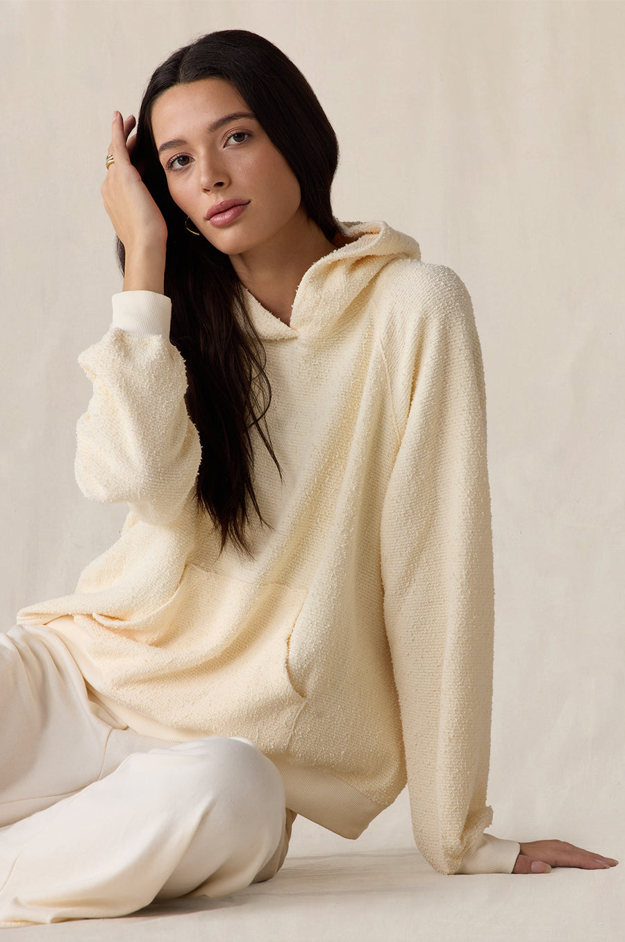 Tomboy Hoodie in crème bouclé styled with the French Flare Pant in vanilla - the lady & the sailor