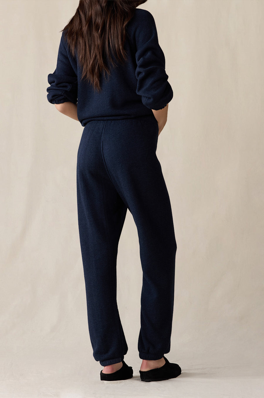 The Classic Fleece Sweatpant in indigo, styled with the Mariner Fleece Polo in indigo - the lady & the sailor