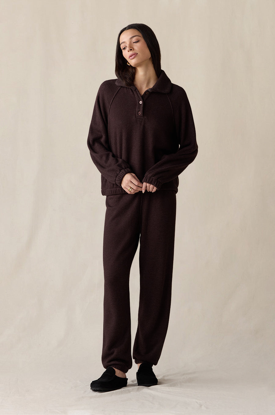 Mariner Fleece Polo and Classic Fleece Sweatpant in espresso - the lady & the sailor