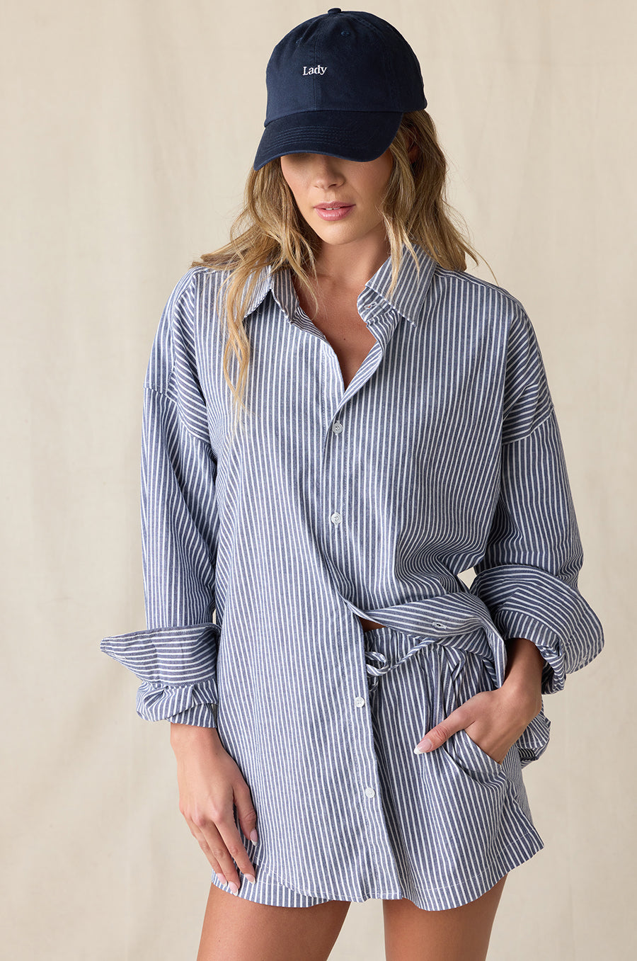 FLUTTER SHORT IN SAILOR STRIPE POPLIN STYLED WITH THE SUNDAY SHIRT IN SAILOR STRIPE POPLIN - the lady & the sailor