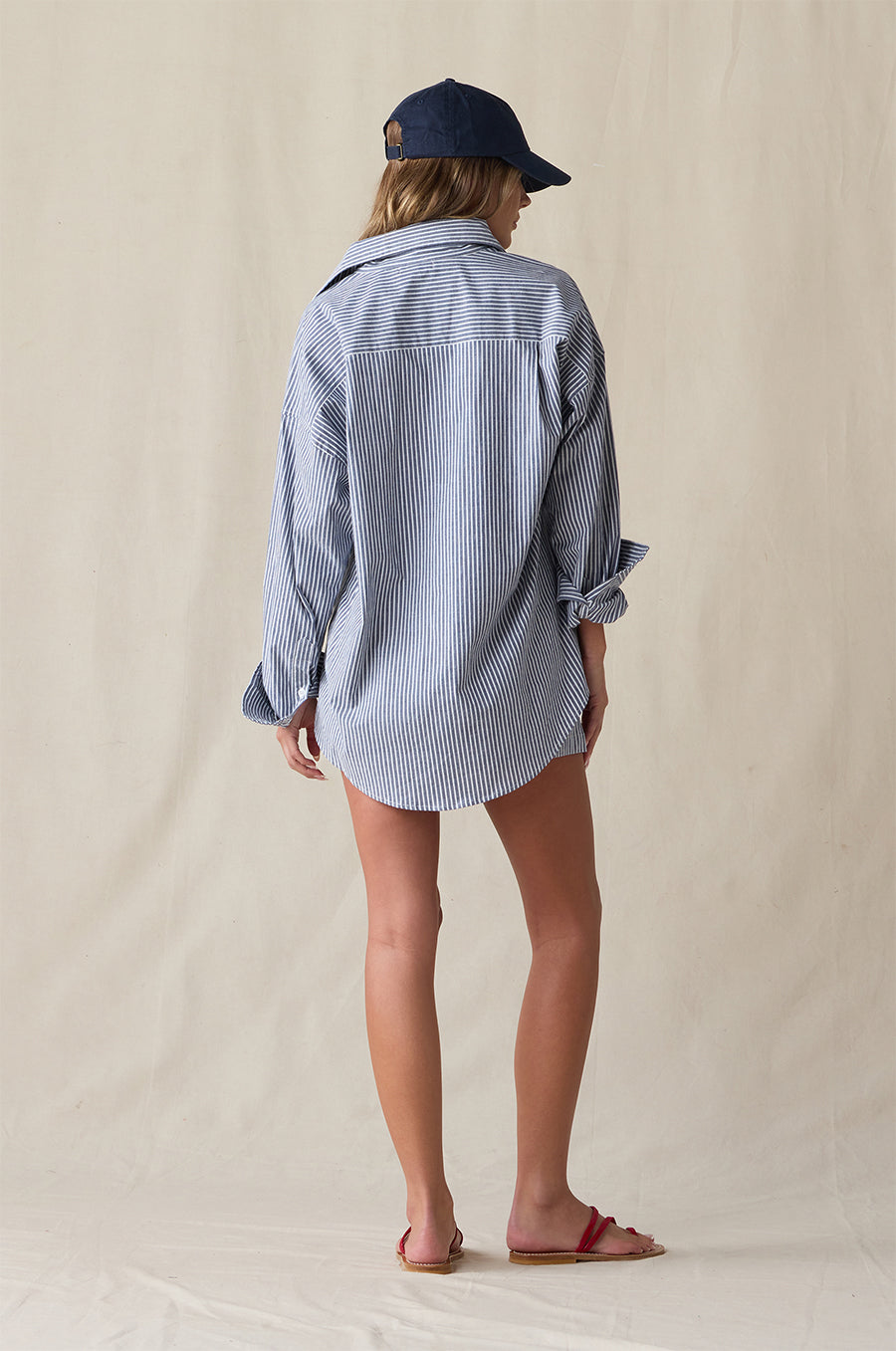 LADY CLASSIC CAP IN NAVY/WHITE STYLED WITH THE SUNDAY SHIRT IN SAILOR STRIPE POPLIN - the lady & the sailor