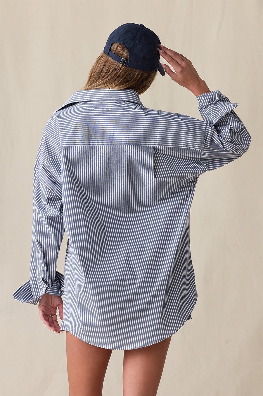 LADY CLASSIC CAP IN NAVY/WHITE STYLED WITH THE SUNDAY SHIRT IN SAILOR STRIPE POPLIN - the lady & the sailor