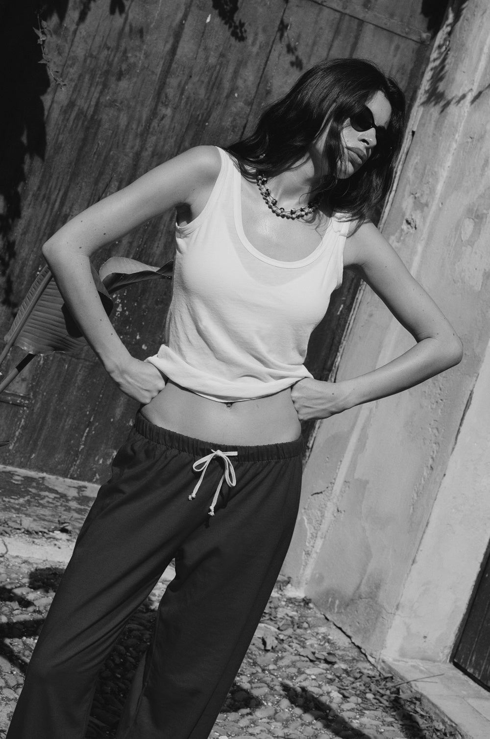 relaxed sweatpant in black jersey and the feather scoop tank in white sheer cotton - the lady & the sailor