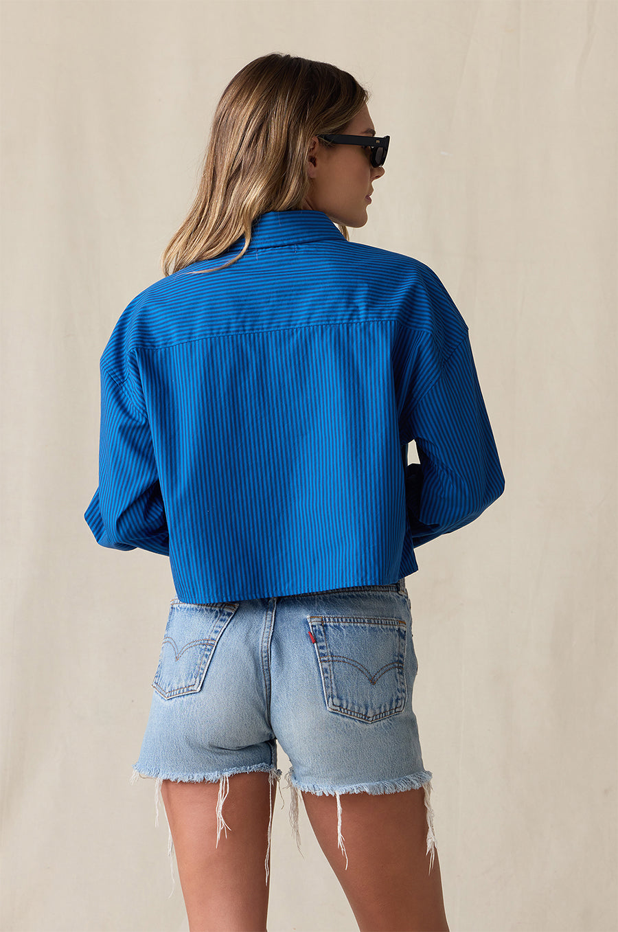 CROPPED BOXY BUTTON UP IN CERULEAN STRIPE POPLIN - the lady & the sailor