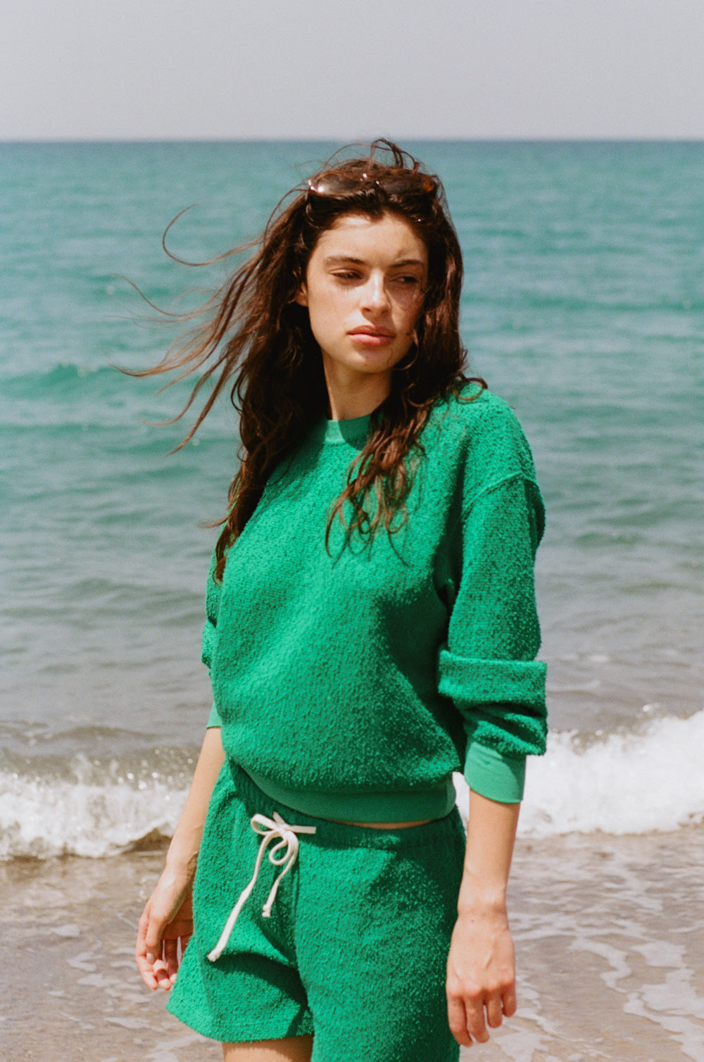 le classique crew in kelly green boucle and everyday short in kelly green boucle - the lady & the sailor