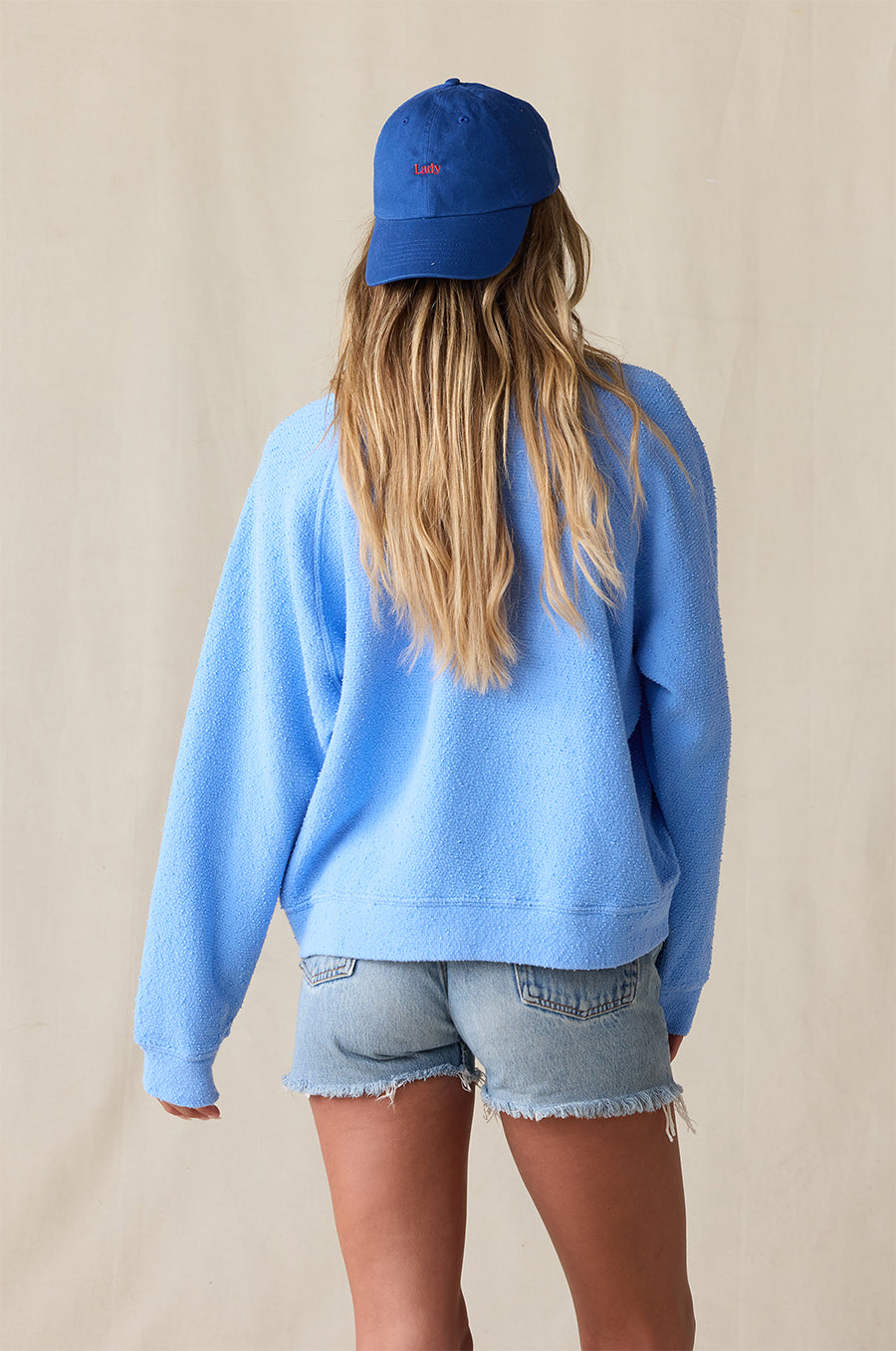 LADY CLASSIC CAP IN ROYAL/TOMATO STYLED WITH THE BRENTWOOD SWEATSHIRT IN BLUEBELL BOUCLÉ - the lady & the sailor