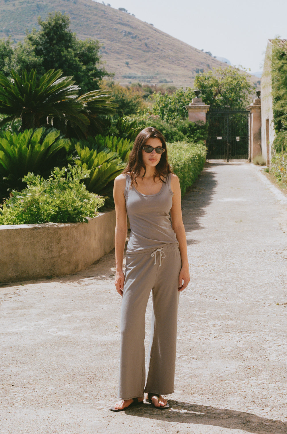 the feather scoop tank in taupe sheer cotton and french flare in taupe organic cotton - the lady & the sailor
