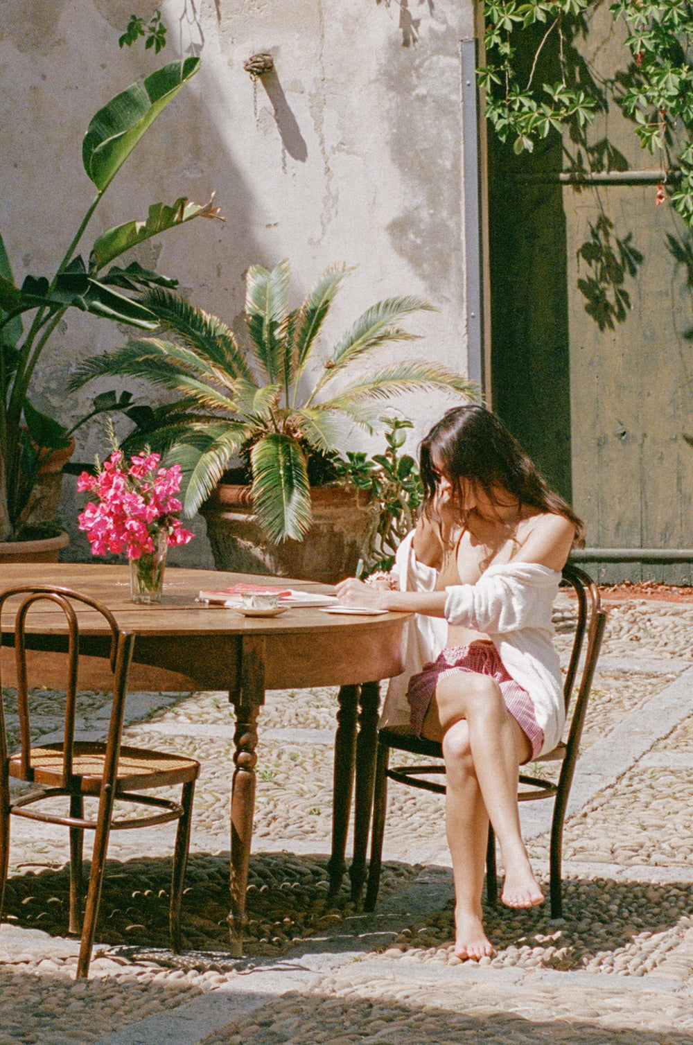 Lido gingham shorts in rosso and the classic pocket cardi in creme boucle - the lady & the sailor