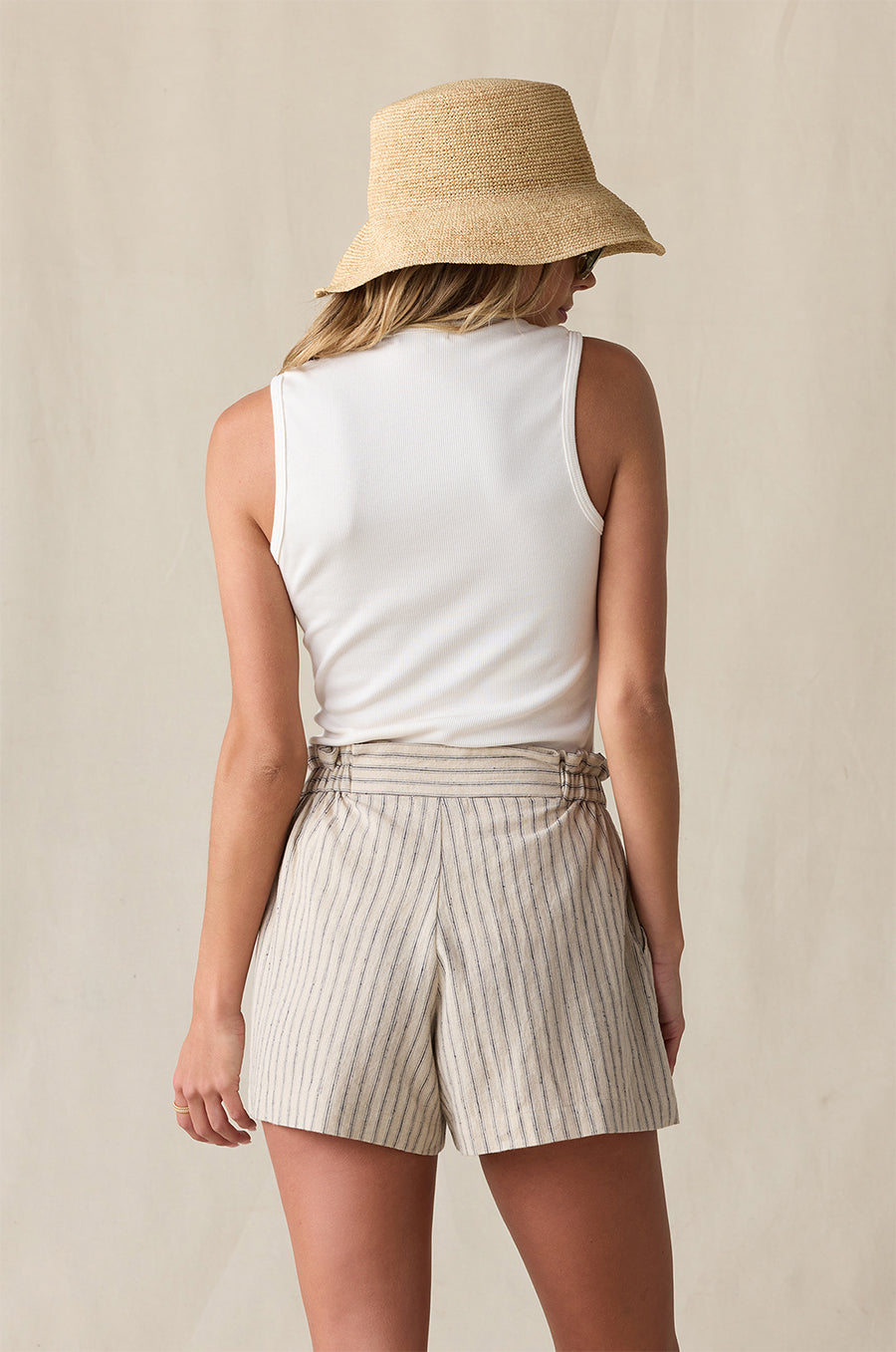 SEASIDE SHORT IN FLAX STRIPE STYLED WITH SCOOPNECK TANK IN VANILLA CLASSIC RIB - the lady & the sailor