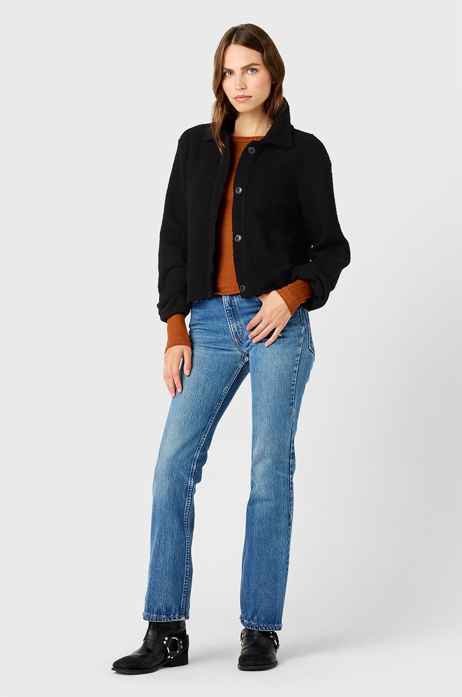 Model wearing The Lady & The Sailor Collared Cardi in Black Bouclé.