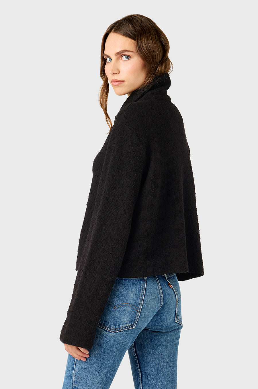 Model wearing The Lady & The Sailor Collared Cardi in Black Bouclé.