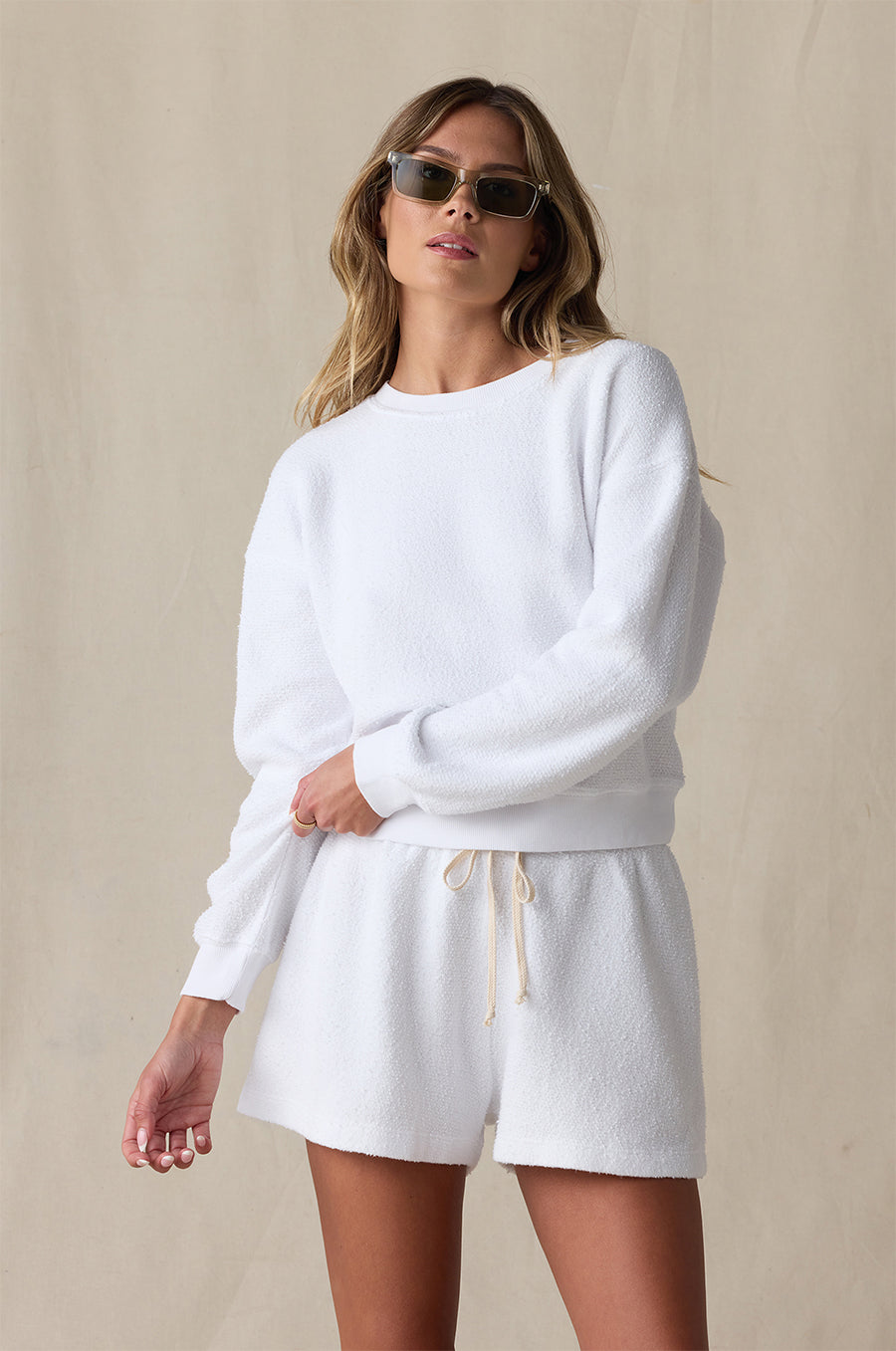 LE CLASSIQUE CREW IN WHITE BOUCLÉ STYLED WITH THE EVERYDAY SHORT IN WHITE BOUCLÉ - the lady & the sailor