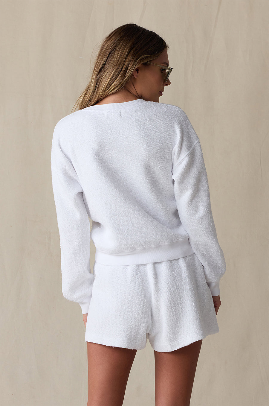 LE CLASSIQUE CREW IN WHITE BOUCLÉ STYLED WITH THE EVERYDAY SHORT IN WHITE BOUCLÉ - the lady & the sailor