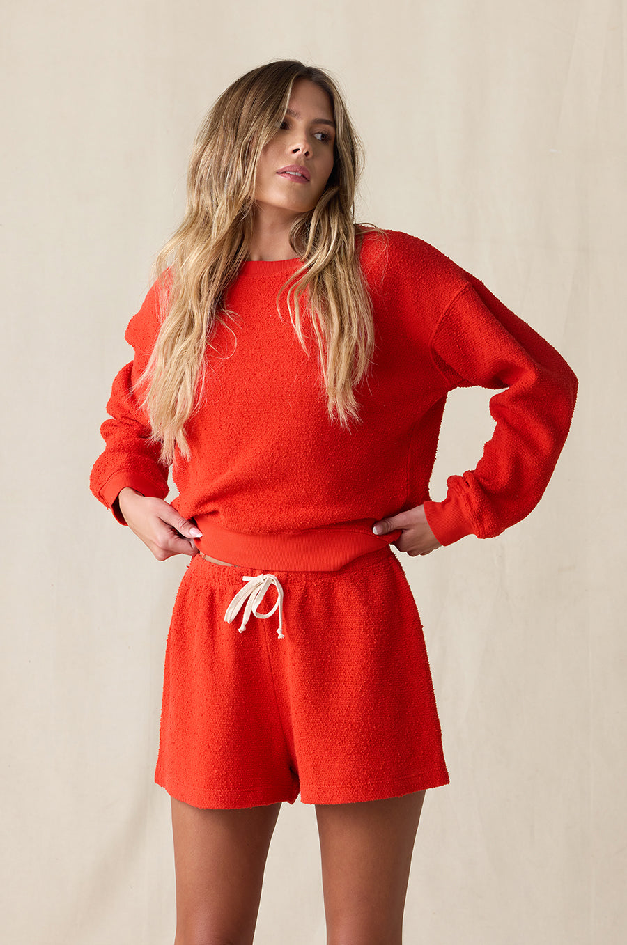 LE CLASSIQUE CREW IN TOMATO BOUCLÉ STYLED WITH THE EVERYDAY SHORT IN TOMATO BOUCLÉ - the lady & the sailor