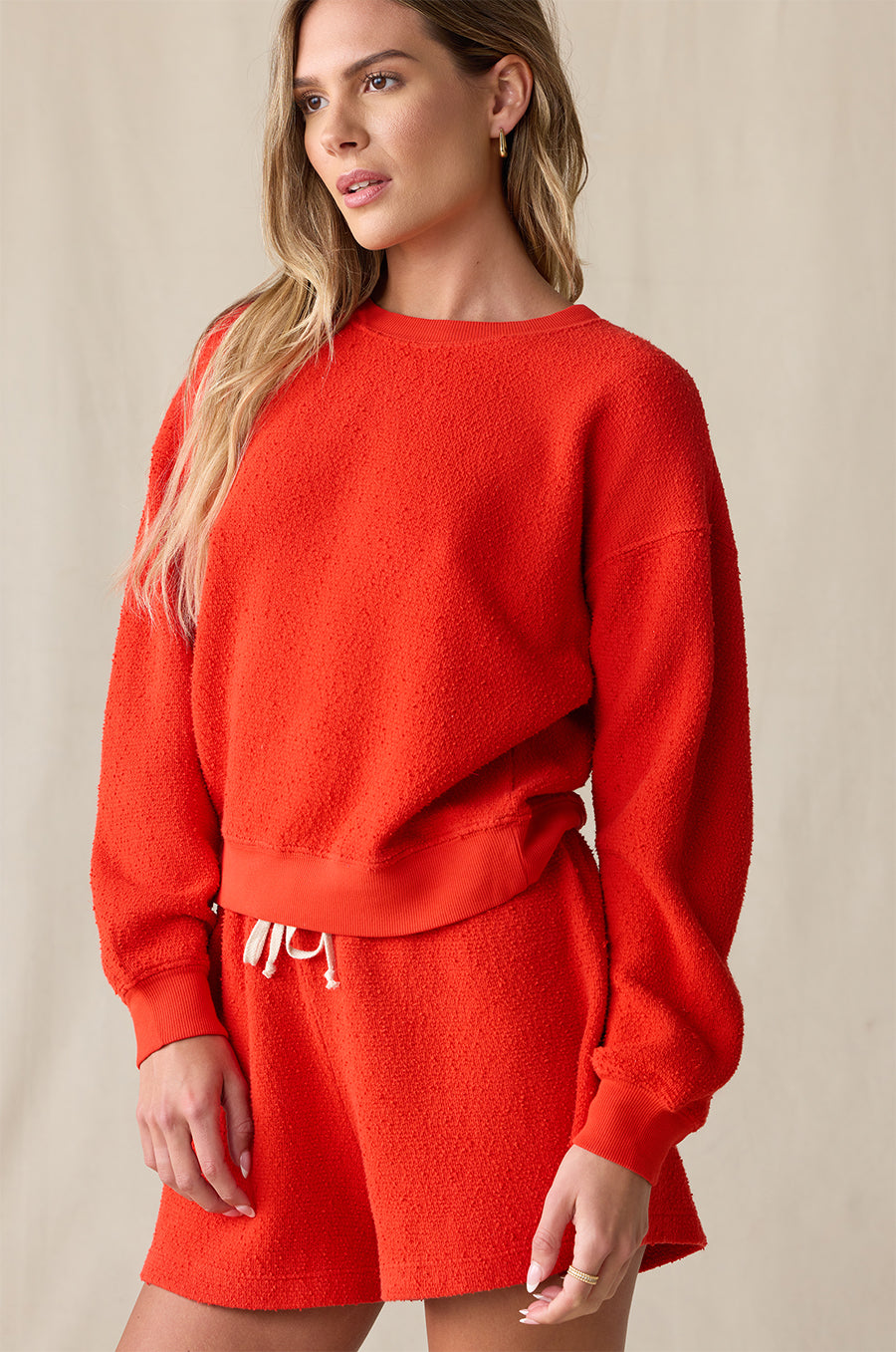 LE CLASSIQUE CREW IN TOMATO BOUCLÉ STYLED WITH THE EVERYDAY SHORT IN TOMATO BOUCLÉ - the lady & the sailor