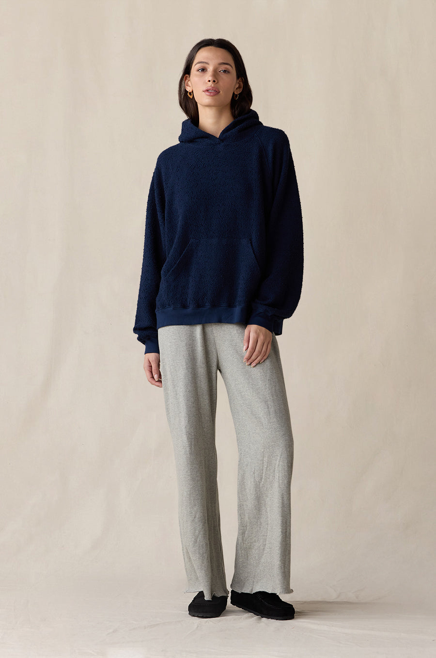 French Flare Pant in heather grey styled with the Tomboy Hoodie in indigo bouclé - the lady & the sailor