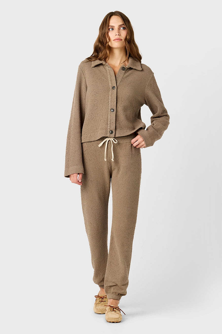 Model wearing The Lady & The Sailor Collared Cardi in Morel Bouclé and the Full Length Vintage Sweatpant in Morel Bouclé.