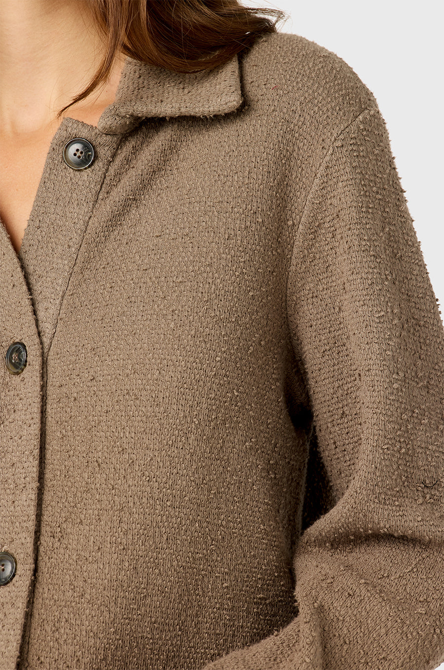 Model wearing The Lady & The Sailor Collared Cardi in Morel Bouclé.