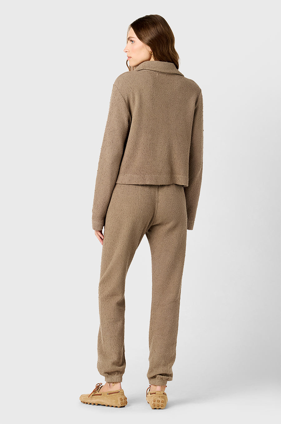 Model wearing The Lady & The Sailor Collared Cardi in Morel Bouclé and the Full Length Vintage Sweatpant in Morel Bouclé.