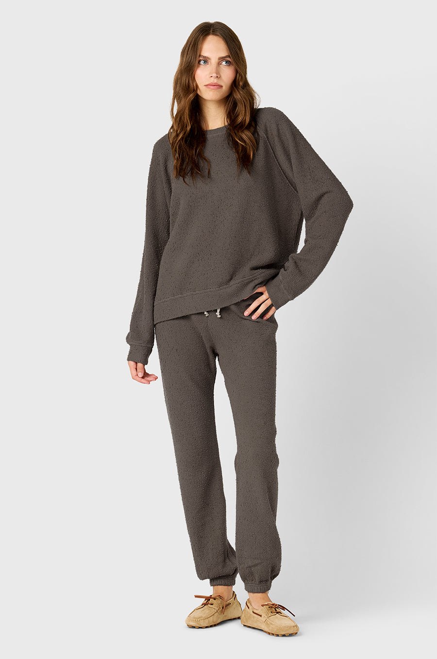 Model wearing The Lady & The Sailor Brentwood Sweatshirt in Thunder Bouclé and the Full Length Vintage Sweatpant in Thunder Bouclé.