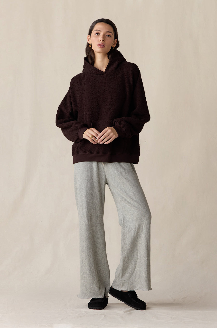 French Flare Pant in heather grey styled with the Tomboy Hoodie in espresso bouclé - the lady & the sailor