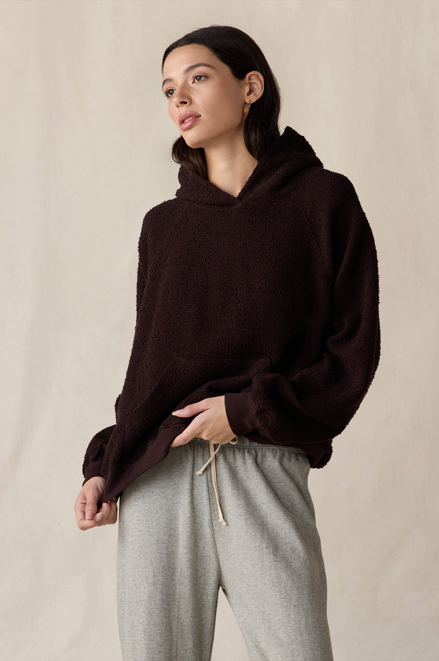 Tomboy Hoodie in espresso bouclé styled with the French Flare Pant in heather grey - the lady & the sailor