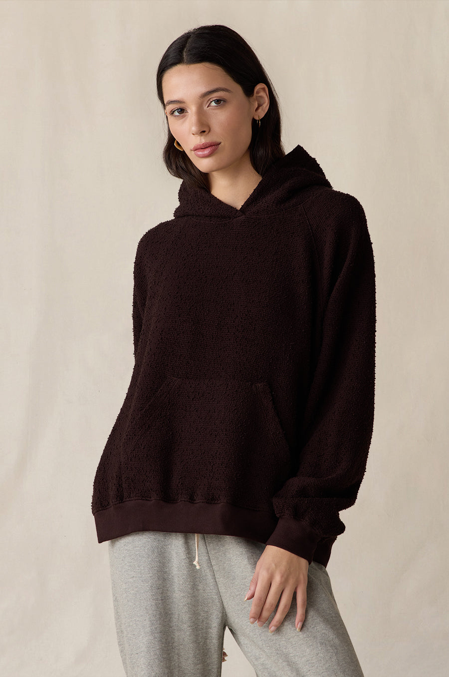 Tomboy Hoodie in espresso bouclé styled with the French Flare Pant in heather grey - the lady & the sailor